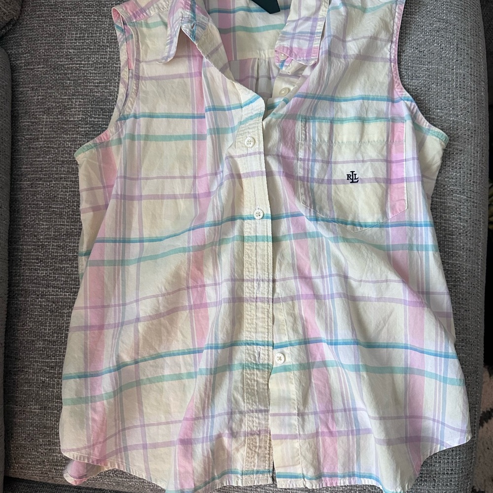 Multicolored Ralph Lauren short sleeve button up stripe top - Picture 2 of 5